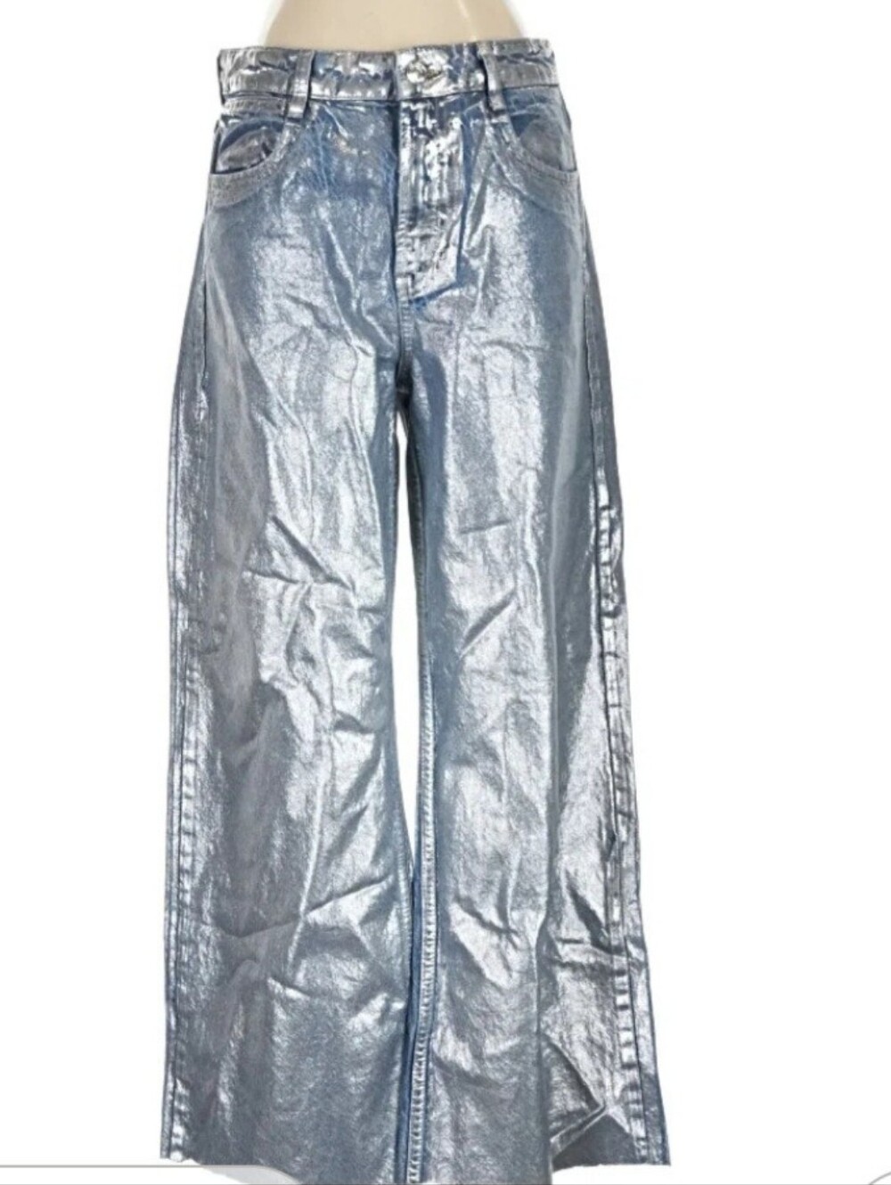 Zara Metallic Silver Coated Denim Jeans